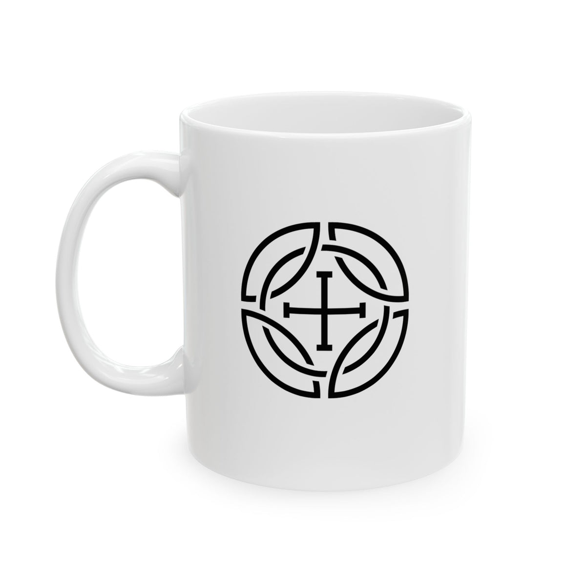 A white ceramic mug with a black circular Celtic knot design featuring a cross in the center, shown on a clean white background.