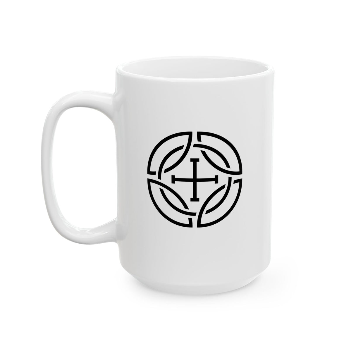 A white ceramic coffee mug with a black circular Celtic knot design featuring a cross in the center, shown on a clean white background.
